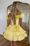 Yellow Off The Shoulder Corset Short Homecoming Dress With Ruffles