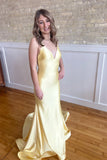 Yellow Mermaid Spaghetti Strap Criss-Cross Back Long Prom Dress