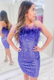 Purple Sparkly Mermaid Tight Sequins Homecoming Dress with Feathers
