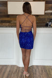 Royal Blue Mermaid Backless Sequins Tight Short Homecoming Dress with Slit