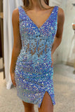 Sparkly Blue Corset Sequins Tight Short Homecoming Dress with Lace