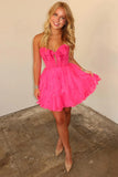 Fuchsia A Line Ruffled Short Corset Homecoming Dress with Bow