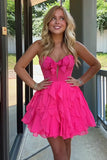 Fuchsia A Line Ruffled Short Corset Homecoming Dress with Bow