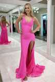 Hot Pink Mermaid Open Back Double Straps Prom Dress with Slit