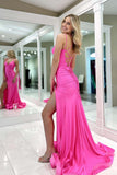Hot Pink Mermaid Open Back Double Straps Prom Dress with Slit