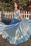 Light Blue A Line Bodice Long Prom Dress with Slit