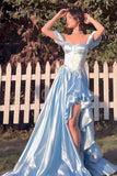 Light Blue A Line Bodice Long Prom Dress with Slit