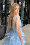 Light Blue A Line Open Back Ruffle Straps Homecoming Dress