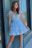 Light Blue A Line Open Back Ruffle Straps Homecoming Dress