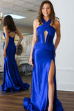 Royal Blue Mermaid Open Back Halter Long Prom Dress with Slit