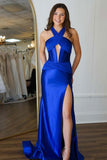 Royal Blue Mermaid Open Back Halter Long Prom Dress with Slit