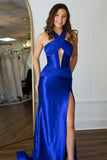 Royal Blue Mermaid Open Back Halter Long Prom Dress with Slit