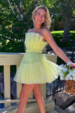 Yellow A Line Cute Strapless Tulle Short Homecoming Dress